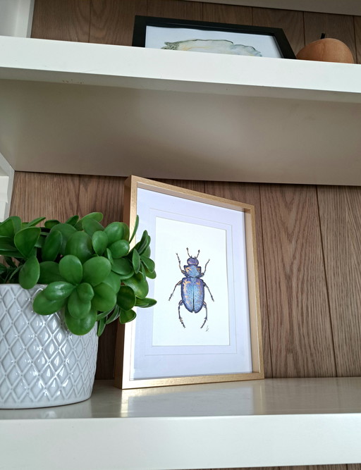 Watercolor painting Scarab blue gold | Gold-colored frame