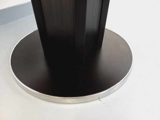 Image 1 of Table ronde de repas vintage en mélaminé esprit bois noir et métal chromé style Space Age / Diner des années 70 avec rallonge in
