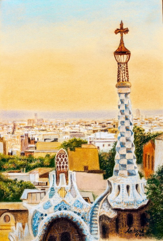 Image 1 of Drawing of Barcelona as seen from Park Güell. Park Güell drawing. Pastel drawing of Barcelona. Painting of Barcelona.