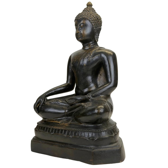 Buddha Thai in Bronzo in Bhumisparsha Mudra – Patina Scura – Sculture, Bronze, Klassiek (photo 8 of 10)