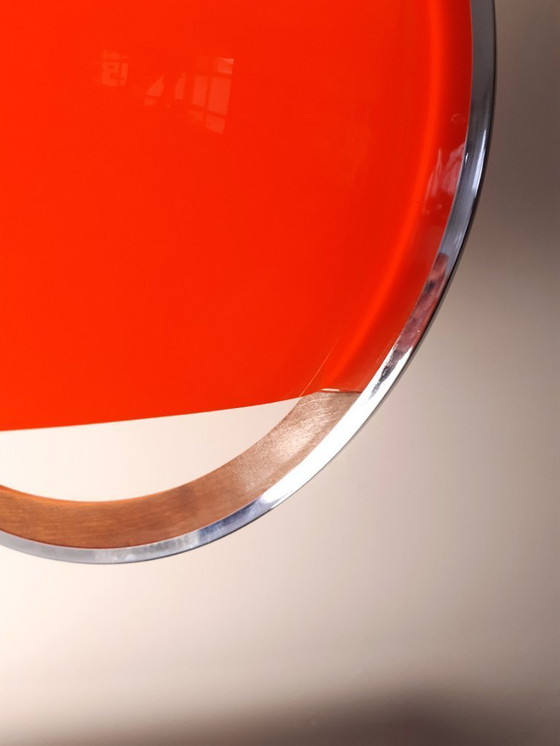 Image 1 of Oranje plexiglazen vintage hanglamp met trekpendel en handvat van chroom en hout, 70s lamp