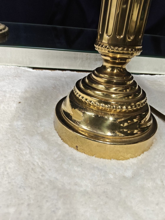 Attractive Vintage Table Lamp in Hollywood Regency Style, Metal, Textile, Gold (photo 6 of 8)