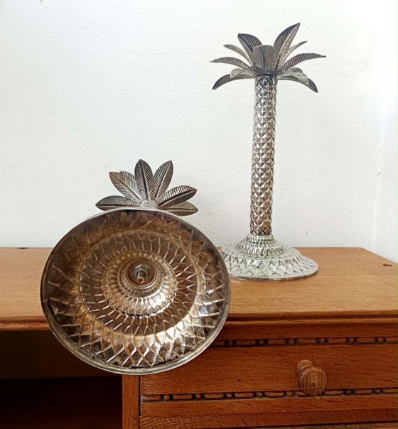 Image 1 of 2x Vintage palmboom kandelaars van zilverkleurig metaal