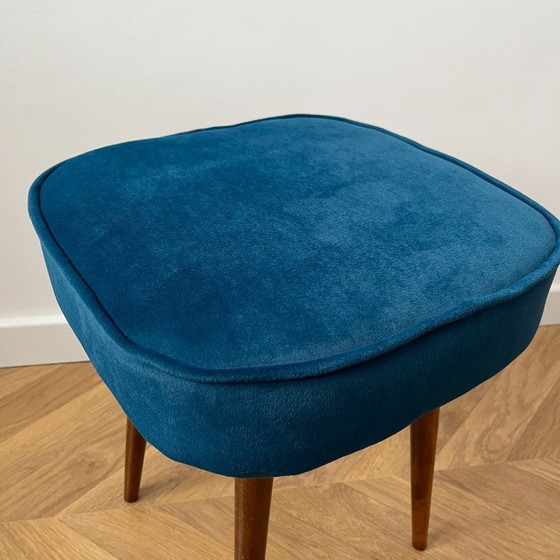 Image 1 of Vintage Velvet Footstool in Dark Teal, Mid Century Modern Stool with Wood Legs