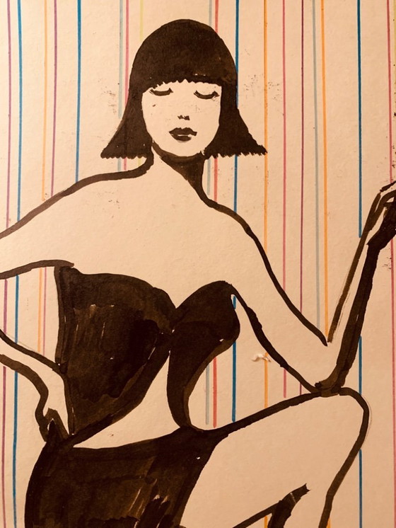 Image 1 of Inkttekening getekend voor een modeprint uit de jaren 70