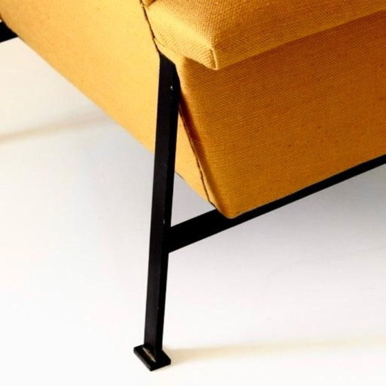 1x Eclectic Mid-Century Modern Sculptural Armchair in Mustard Yellow Fabric, Cotton, Iron (photo 9 of 11)