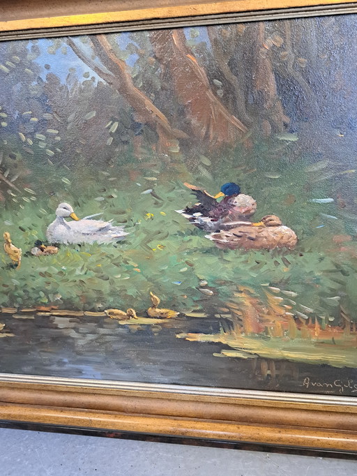 Aarnout van Gilst malt Enten am Fluss.e