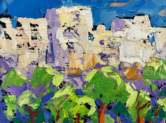 Image 1 of Original Oil Painting Summer Houses Landscape Big city lights