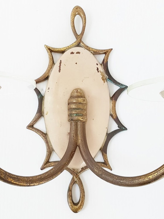 Image 1 of PRACHTIGE DUBBELE METALEN WANDLAMP, MESSING & GLAS, VINTAGE UIT DE JAREN 1940-1950