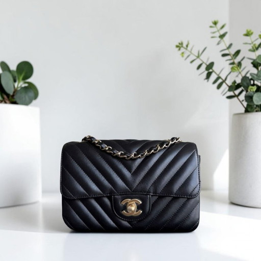 Chanel Classic Flap Mini - Chevron Lamsleer Zwart Goudkleurige Hardware Serie 26
