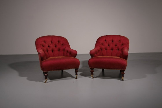 Image 1 of Pair of French Red fabric Button Back Armchairs 