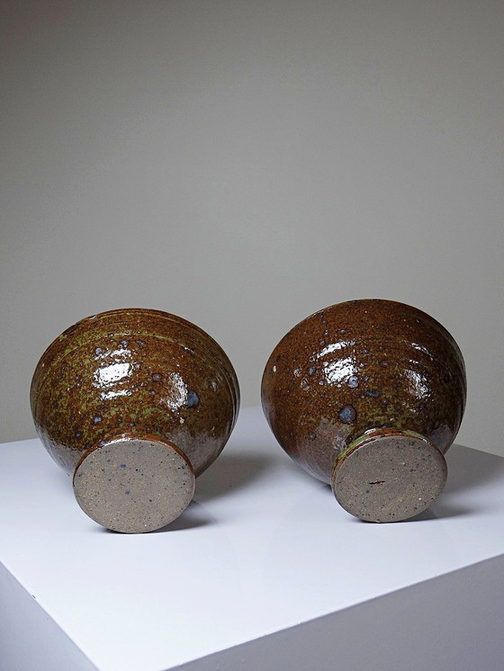 Image 1 of Pair of vintage pyrity stoneware footed bowls in the Baudat La Borne style from the 60s and 70s