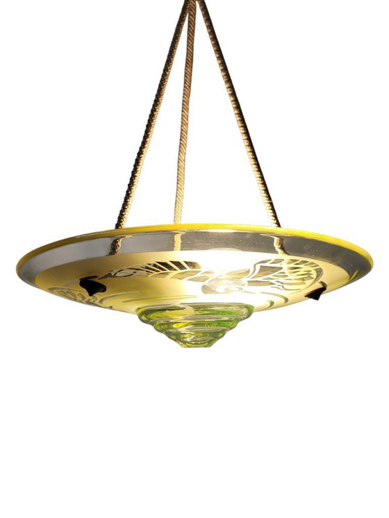 Image 1 of Very rare French Art Deco uranium chandelier from ca. 1925 by André Delatte with etched bird motif