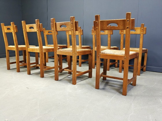 Image 1 of Vintage eiken en rieten brutalistische stoelen, jaren 60 - set van 8