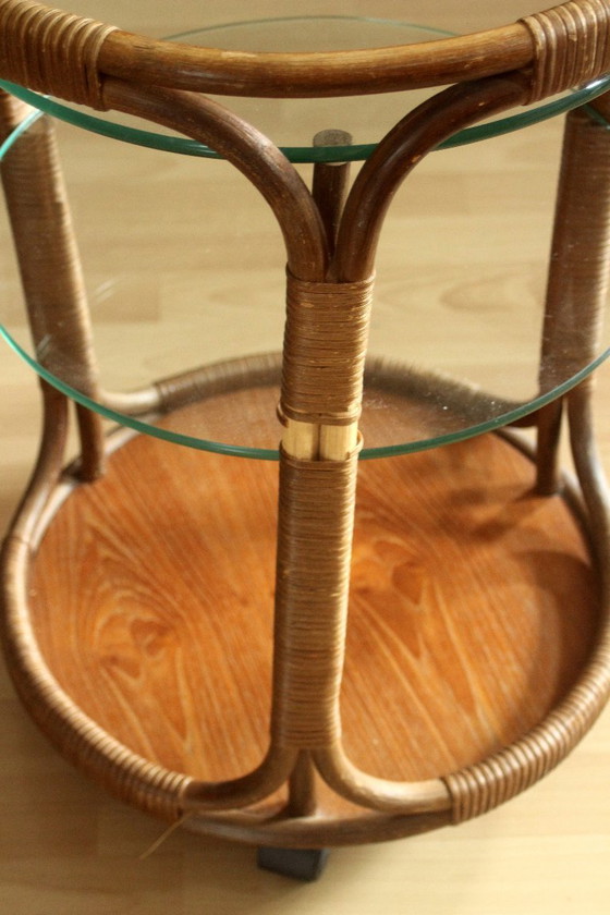 Carrello bar rotondo in bambù/rattan/legno - 3 ripiani – Oggetti decorativi, Glass, Bamboo, Vintage (photo 11 of 11)