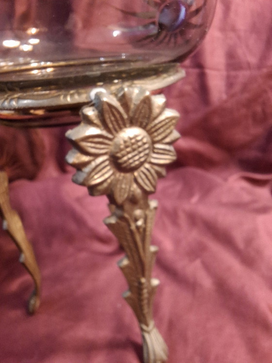 Image 1 of Vintage Mid-Century Amber Glass & Brass Set – 23cm Sunburst Trumpet Vase & 18cm Hollywood Regency Sunflower Ashtray Stand
