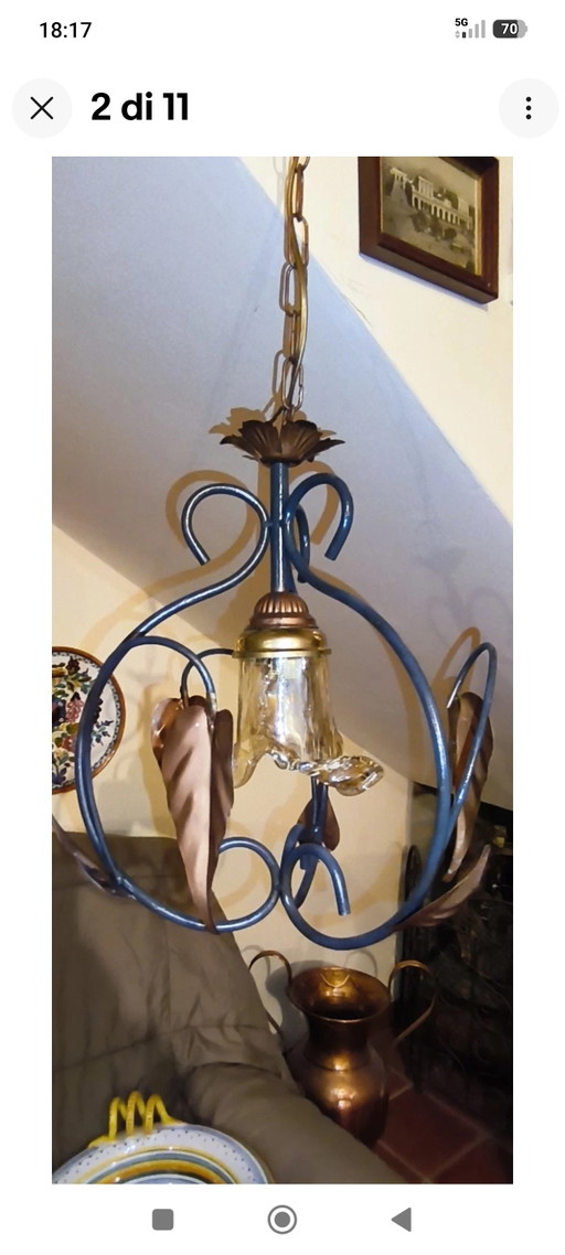 Vintage Wrought Iron Chandelier with Metal and Glass Leaves, Rustic Suspension – hanglampen (photo 2 of 11)