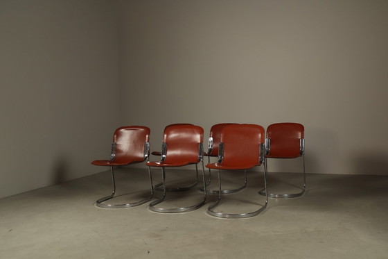 Image 1 of Set of six leather cantilever dining chairs by Willy Rizzo for Cidue, Italy 1970s