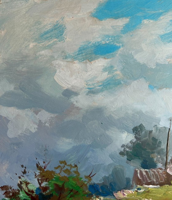 Image 1 of Original Oil Painting Summer Coastal Landscape The river carries village dreams