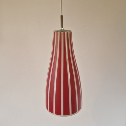 Lampada a sospensione in vetro vintage a righe bianche e rosse