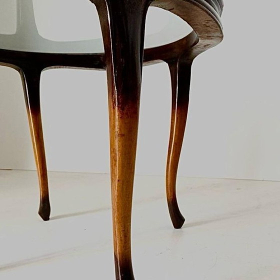 Image 1 of 1x Französischer Art-Deco-Couchtisch aus den 1930er Jahren, Buchenholz & Glas, geschwungenes Design