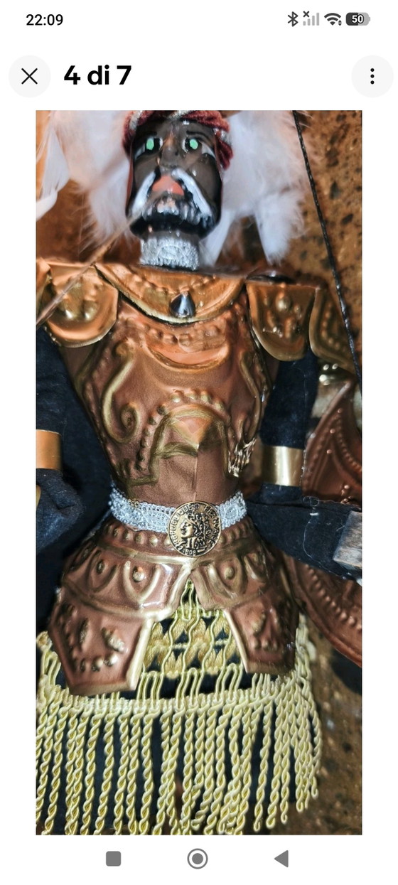 Vintage Puppet Puppet, 40cm, Brass Armor, Ceremonial – Decorative Objects, Metal, Textile (photo 4 of 7)