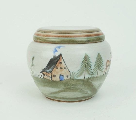 Image 1 of petit pot peint à la main avec couvercle par fritz van daalen ceramics 1950s west german pottery