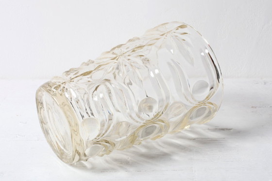 Large Stylish Mid-century Solid Heavy Clear Patterned Glass Flower Vase / Fidenza / Italy / 1960s (photo 14 of 14)
