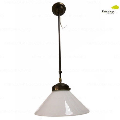 Antiek oude Koperen Plafondlamp op Schuifstang