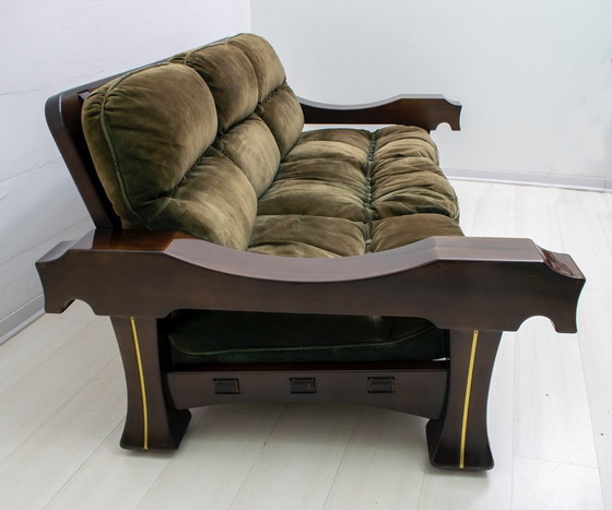Image 1 of Sofá italiano Mid-Century Mid-Century de ante y madera "Ussaro", años 70