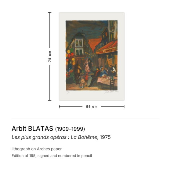 Arbit Blatas signierte Lithographie Les Plus Grands Opéras: La Bohême 1975 – Lithographien & Drucke, Paper (photo 3 of 5)