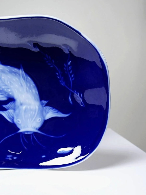 Vide-poche in porcellana smaltata blu di Limoges con design di pesce giapponese., Ciotole, Bianco, Vintage (foto 6 di 15)
