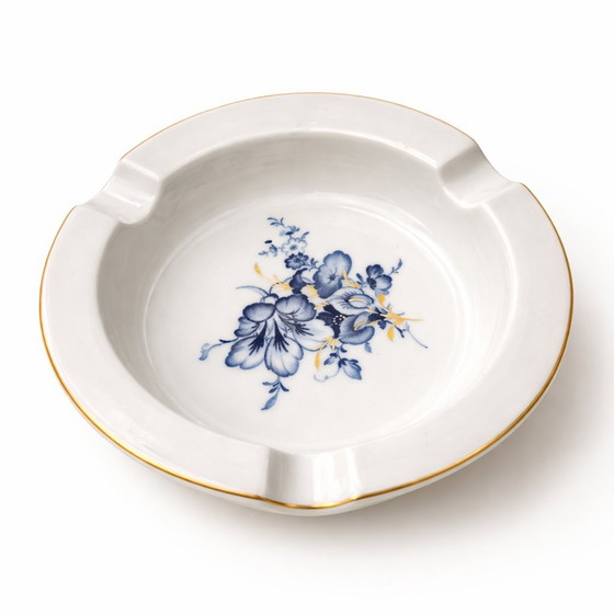 Image 1 of MEISSEN Porcelain Trinket Dish – Aquatinta Blue Floral Gold Trim – Antique 12cm Ashtray – Crossed Swords Germany