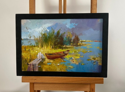 Original Oil Painting River Coastal Landscape A boat among the reeds