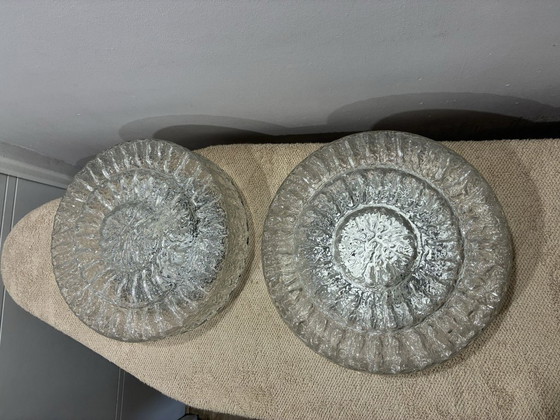Pair of Peill & Putzler ice glass flush mount lights, 1960s, Ceiling lights, Transparent (photo 3 of 8)