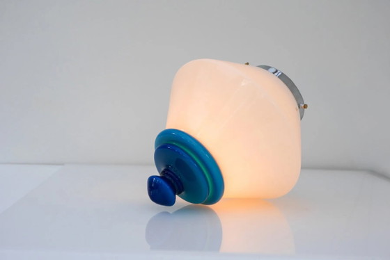 Image 1 of Suspension Art déco scandinave en verre opalin avec détails bleu azur, années 1930