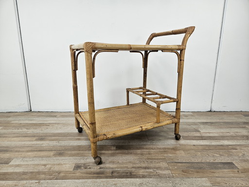 Vintage Wicker Cart with Bottle Holder and Wheels
