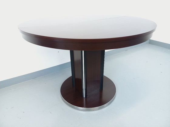 Image 1 of Table ronde de repas vintage en bois d’ébène et métal chromé style Space Age / Diner des années 70 avec rallonge intégrée