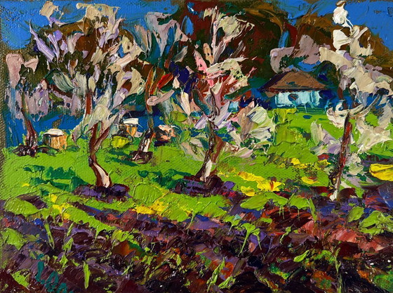 Image 1 of Original Oil Painting Day Village Landscape Spring awakens in light