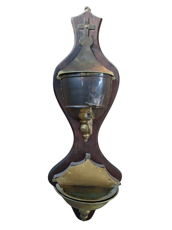 Image 1 of Antique Wall-Mounted Brass and Wood Washbasin with Cross, Early 1900s