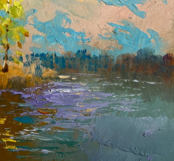 Image 1 of Original Oil Painting Autumn River Landscape Reflection of autumn in the river