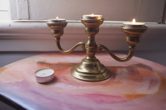 Image 1 of Solid Brass Vintage Candelabra, Bronze-Tone Three-Arm Candle Holder