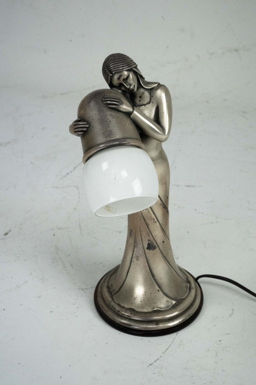 Silver Vermeil Figural Table Lamp with Opaline Glass. Italy 1960s