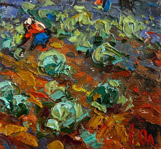 Image 1 of Original Oil Painting Evening Village Landscape Cabbage is being planted in the garden