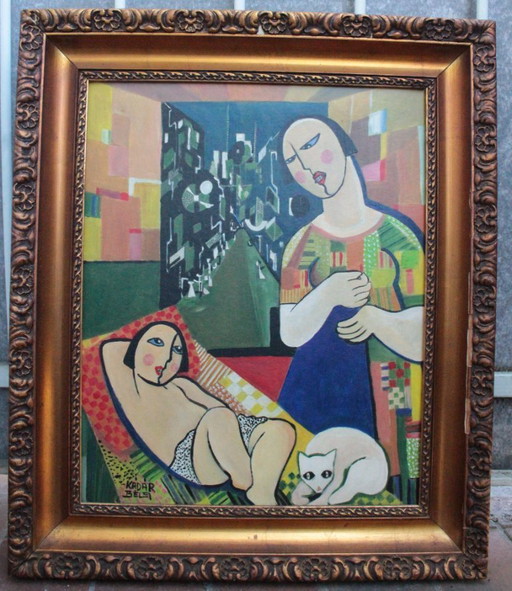 1960s Béla Kádár (Attr.) Modernist Figural Composition Nude and Cat