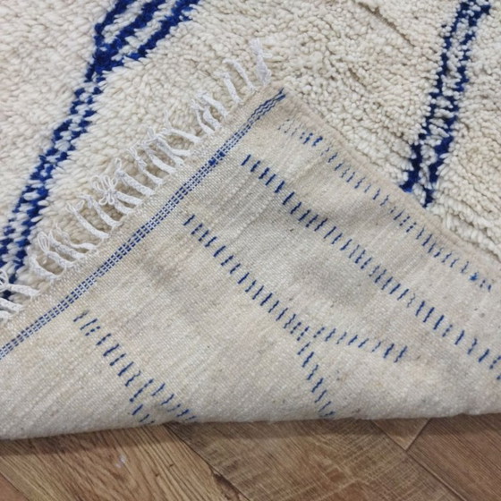 Image 1 of Large Handmade Berber Rug | Moroccan Cream Wool Rug with Blue Patterns