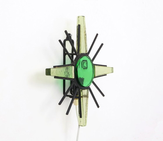 Image 1 of Vintage metal sunburst wall lamp with green glass, 1960s