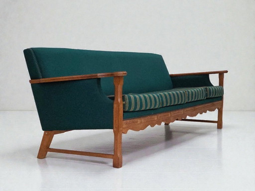 1970s, Danish 4-seater sofa, furniture wool, solid oak wood.