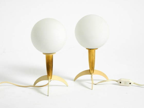 Image 1 of Two Mid-Century Modern rocket table lamps in brass and glass