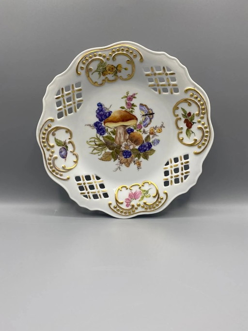 Pierced Porcelain Dessert Plate – Mushroom and Butterfly Design – Unique Hand-Painted Piece – Tarasque 1999